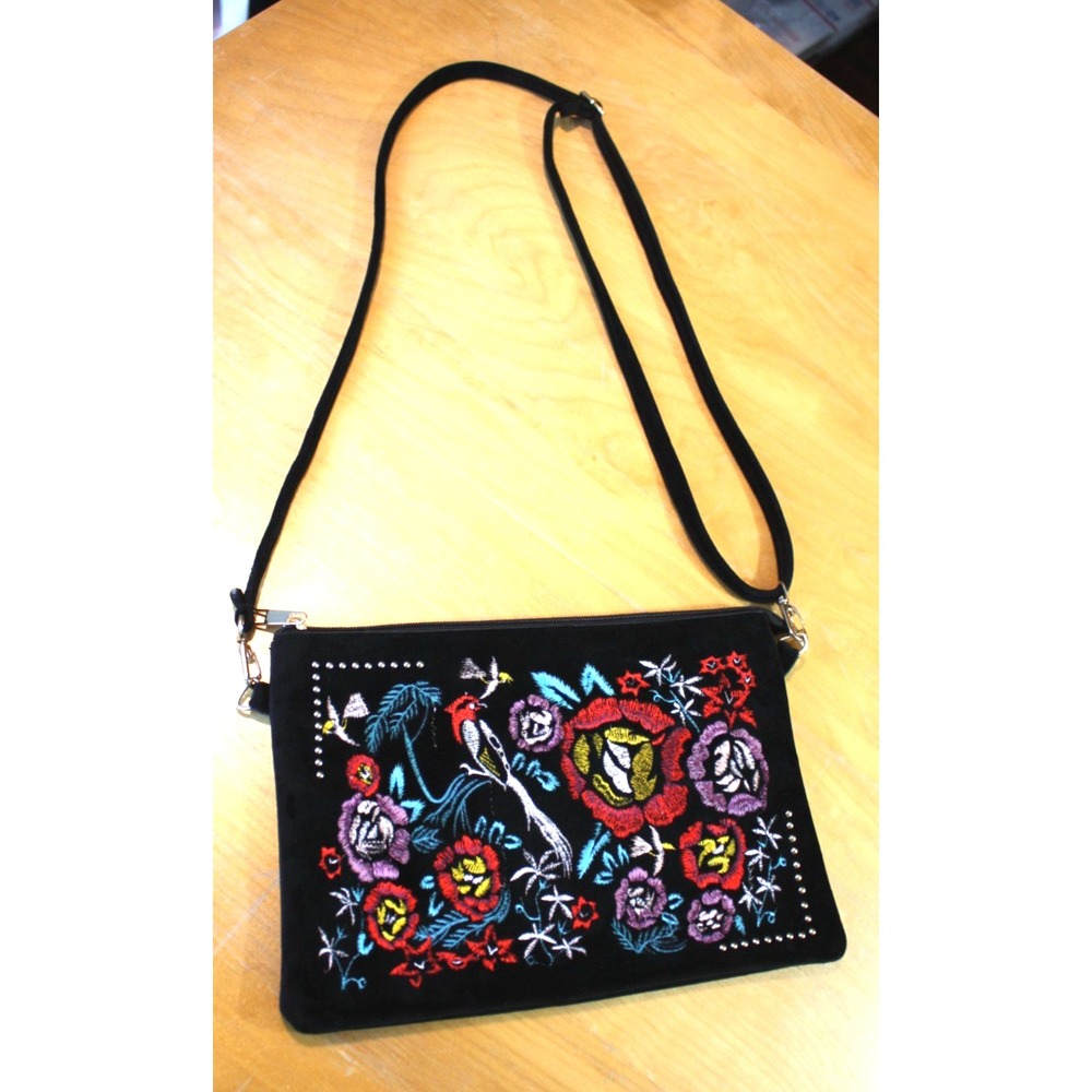 Black Embroidered Crossbody Bag Floral Bird Unbranded Adjustable Velvet Purse